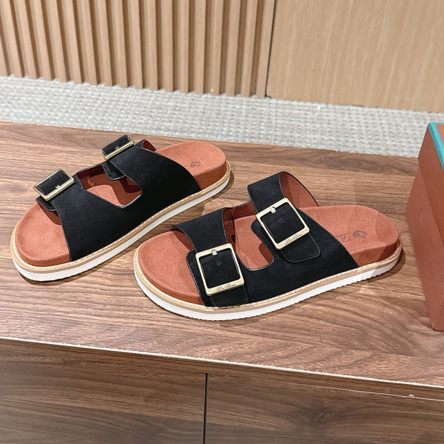 LP 26S DOUBLE BUCKLE SLIDES IN BLACK SUEDE GOLD HARDWARE