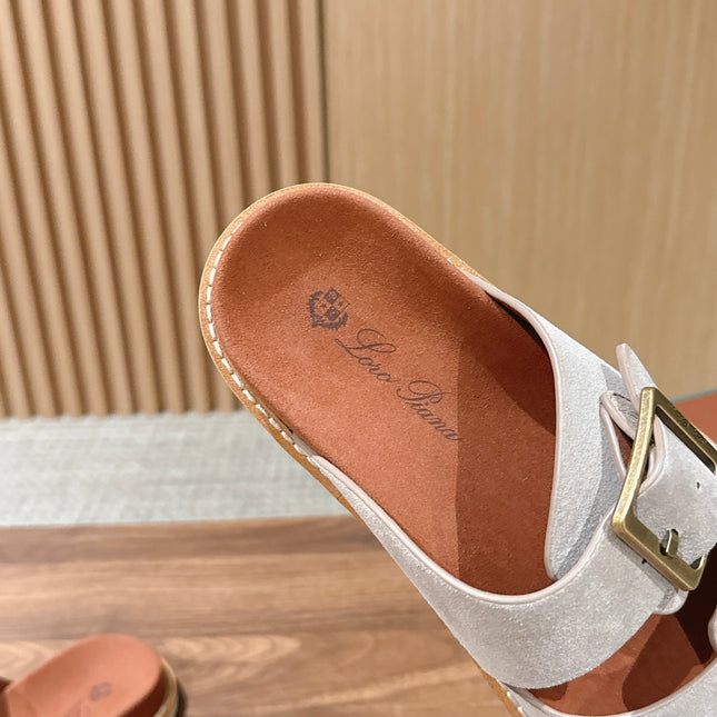 LP 26S DOUBLE BUCKLE SLIDES IN LIGHT GREY SUEDE GOLD HARDWARE