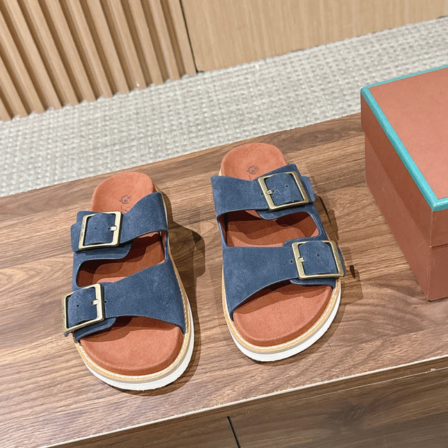 LP 26S DOUBLE BUCKLE SLIDES IN NAVY BLUE SUEDE GOLD HARDWARE