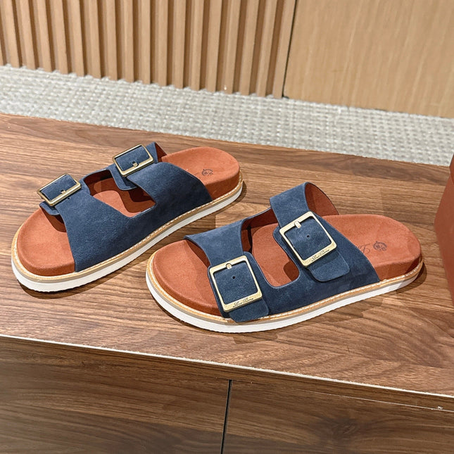 LP 26S DOUBLE BUCKLE SLIDES IN NAVY BLUE SUEDE GOLD HARDWARE