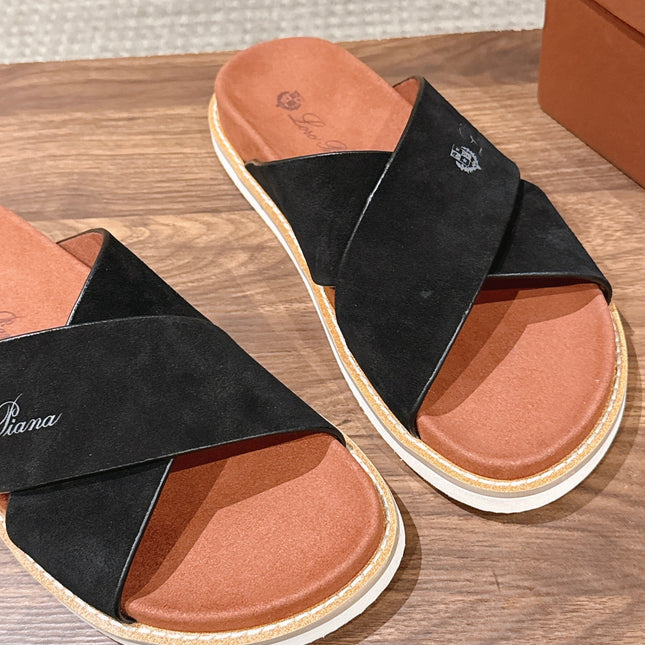 LP 26S CROSS STRAP SLIDES SANDAL IN BLACK SUEDE