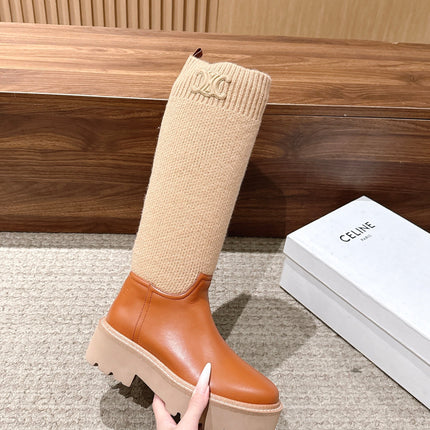 CELINE 26S KNEE HIGH BOOTS 45 MM IN TAN CALFSKIN AND BEIGE KNIT SOCK