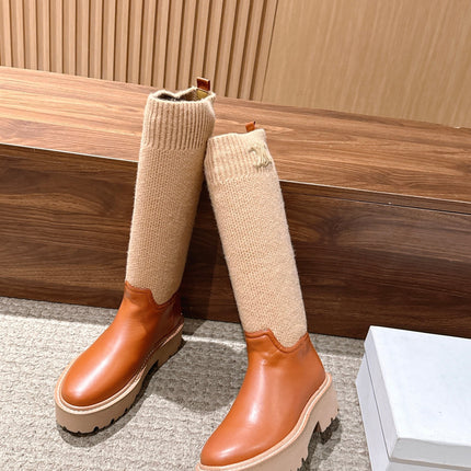 CELINE 26S KNEE HIGH BOOTS 45 MM IN TAN CALFSKIN AND BEIGE KNIT SOCK