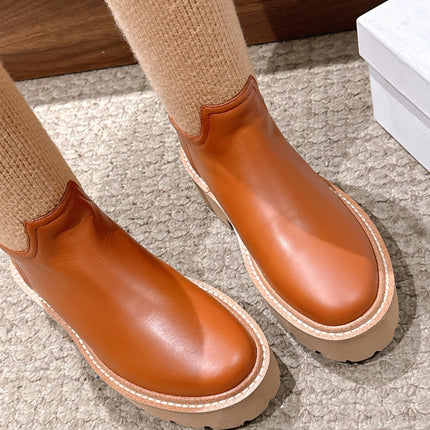CELINE 26S KNEE HIGH BOOTS 45 MM IN TAN CALFSKIN AND BEIGE KNIT SOCK