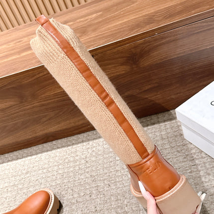 CELINE 26S KNEE HIGH BOOTS 45 MM IN TAN CALFSKIN AND BEIGE KNIT SOCK