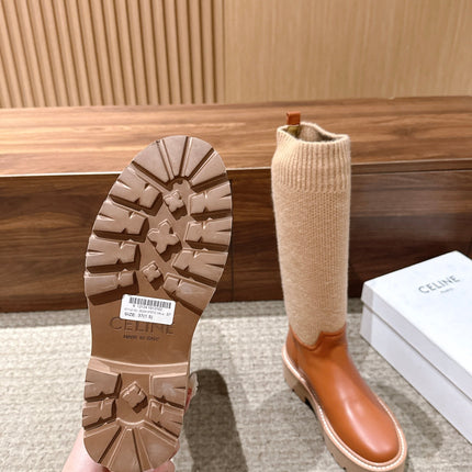 CELINE 26S KNEE HIGH BOOTS 45 MM IN TAN CALFSKIN AND BEIGE KNIT SOCK
