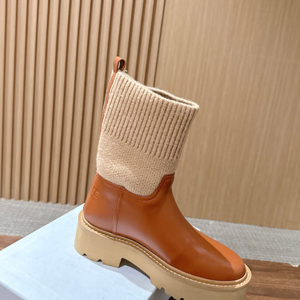 CELINE 26S MID CALF BOOTS 45 MM IN TAN CALFSKIN AND BEIGE KNIT SOCK