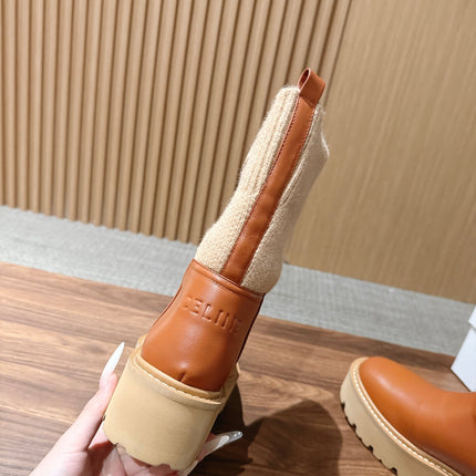 CELINE 26S MID CALF BOOTS 45 MM IN TAN CALFSKIN AND BEIGE KNIT SOCK