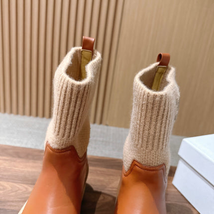 CELINE 26S MID CALF BOOTS 45 MM IN TAN CALFSKIN AND BEIGE KNIT SOCK