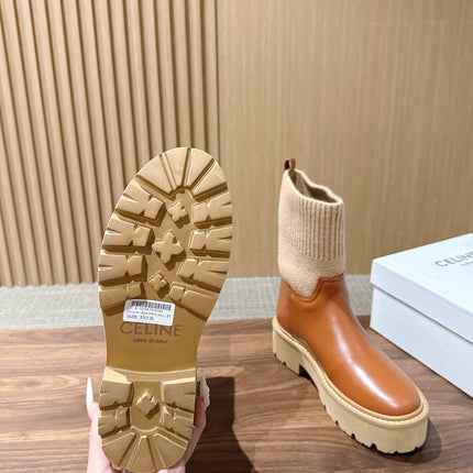CELINE 26S MID CALF BOOTS 45 MM IN TAN CALFSKIN AND BEIGE KNIT SOCK