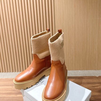 CELINE 26S MID CALF BOOTS 45 MM IN TAN CALFSKIN AND BEIGE KNIT SOCK