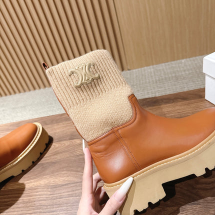 CELINE 26S MID CALF BOOTS 45 MM IN TAN CALFSKIN AND BEIGE KNIT SOCK