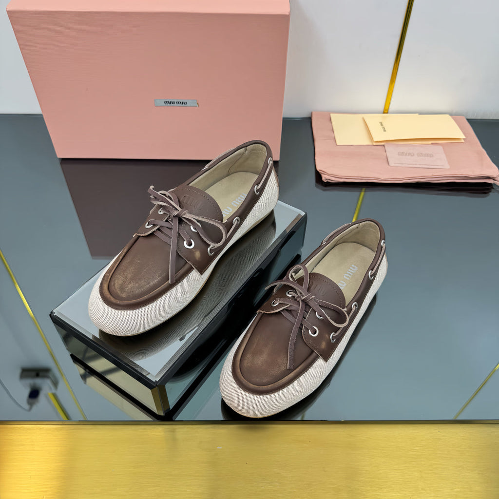 BOAT SHOES IN BROWN CALFSKIN AND BEIGE CANVAS