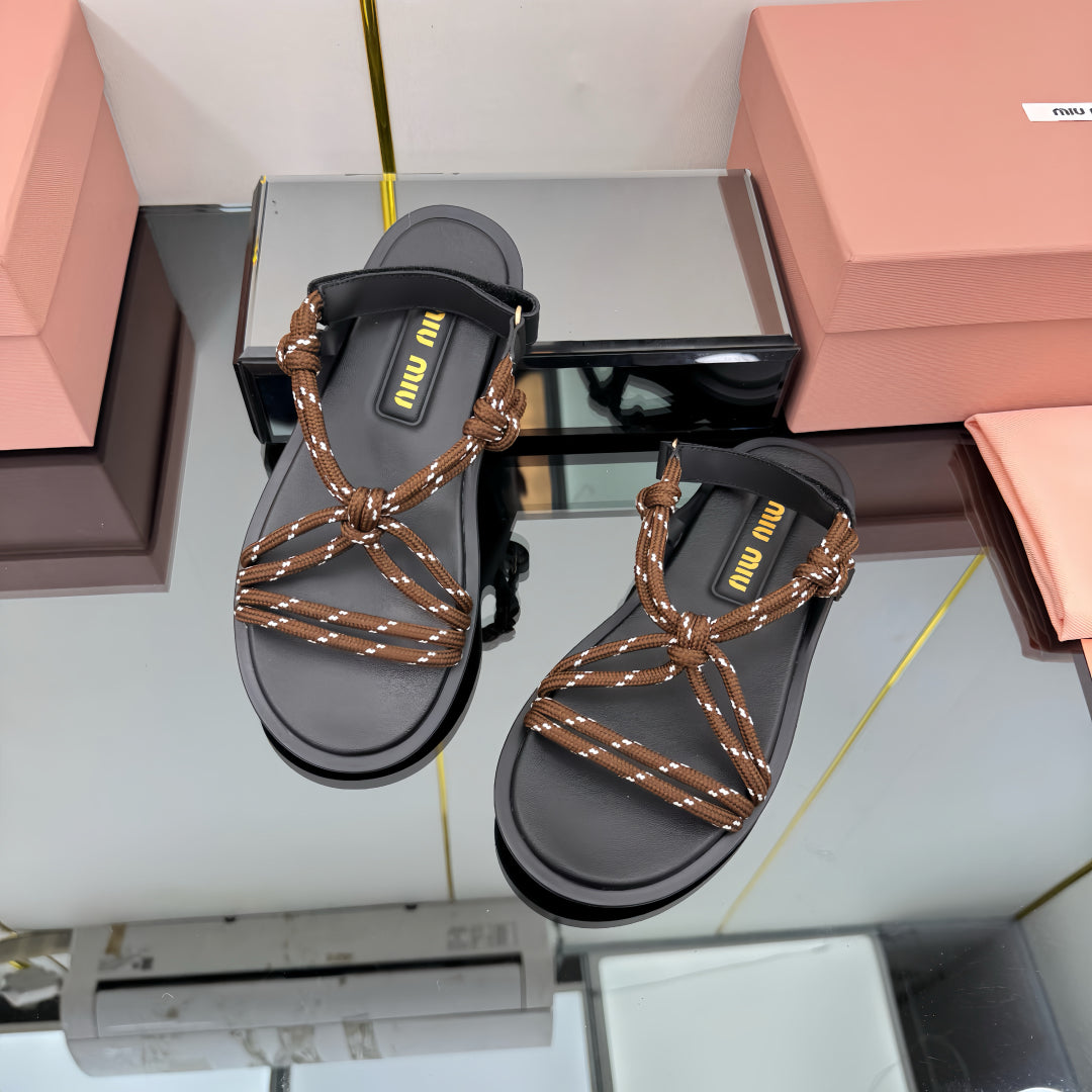 RIVIERE SANDALS IN BLACK CALFSKIN BROWN CORD