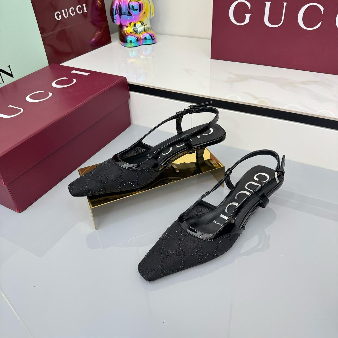 GG HIGH SLINGBACK 25S IN BLACK SEQUINED MESH FABRIC