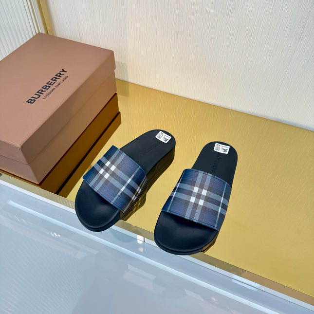 BURBERRY 26S SLIDES SANDAL IN BLACK BLUE CALFSKIN