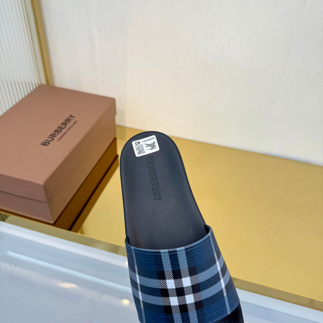 BURBERRY 26S SLIDES SANDAL IN BLACK BLUE CALFSKIN