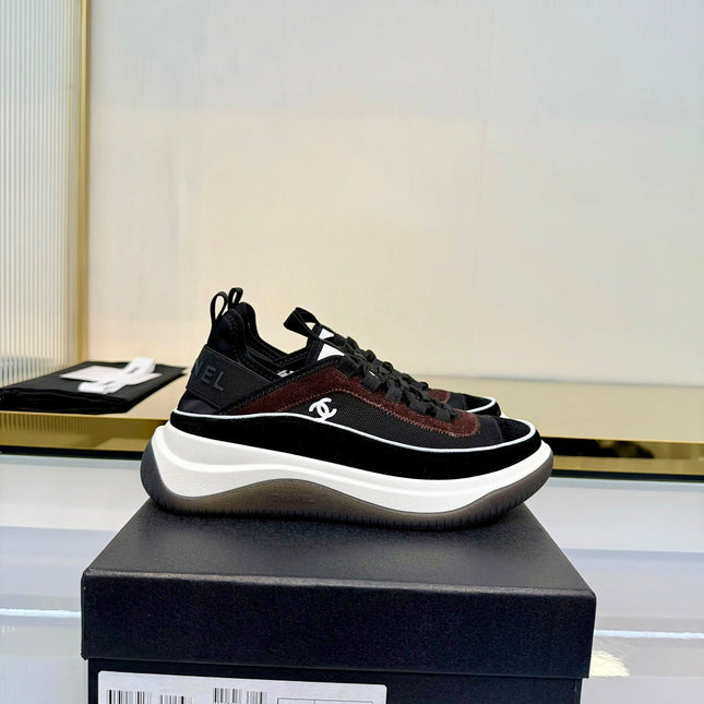 CHANEL 26S PLATFORM SNEAKERS IN BLACK MIX BROWN SUEDE AND FABRIC WITH CC
