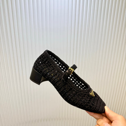 PRADA 26S LOGO PLAQUE CROCHET MARY JANE PUMPS 50MM IN BLACK WOVEN FIBER
