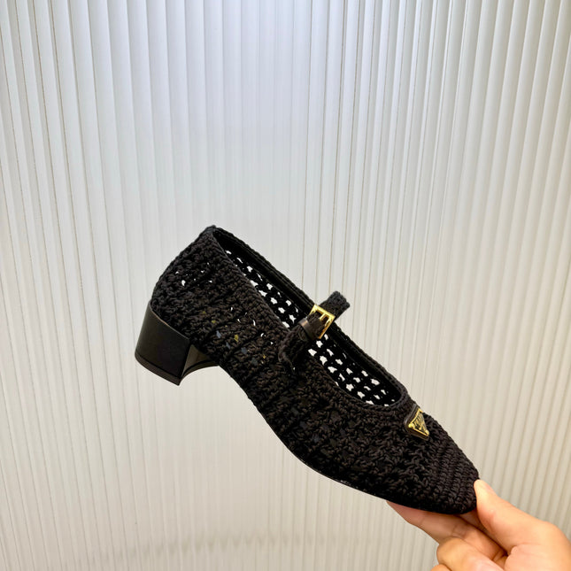PRADA 26S LOGO PLAQUE CROCHET MARY JANE PUMPS 50MM IN BLACK WOVEN FIBER