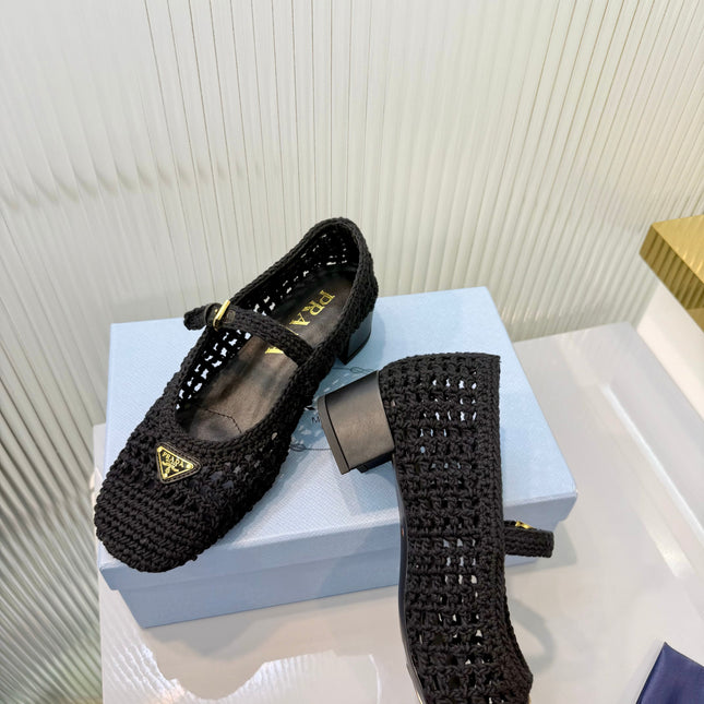 PRADA 26S LOGO PLAQUE CROCHET MARY JANE PUMPS 50MM IN BLACK WOVEN FIBER