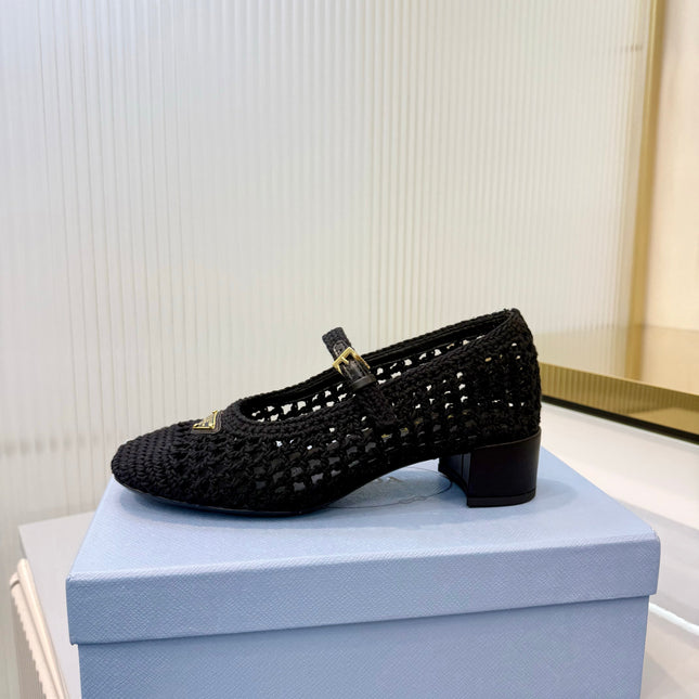 PRADA 26S LOGO PLAQUE CROCHET MARY JANE PUMPS 50MM IN BLACK WOVEN FIBER