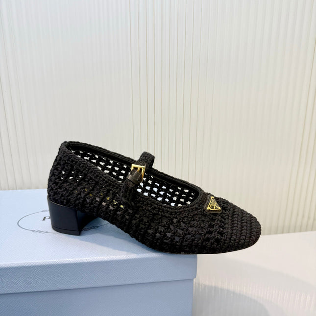 PRADA 26S LOGO PLAQUE CROCHET MARY JANE PUMPS 50MM IN BLACK WOVEN FIBER
