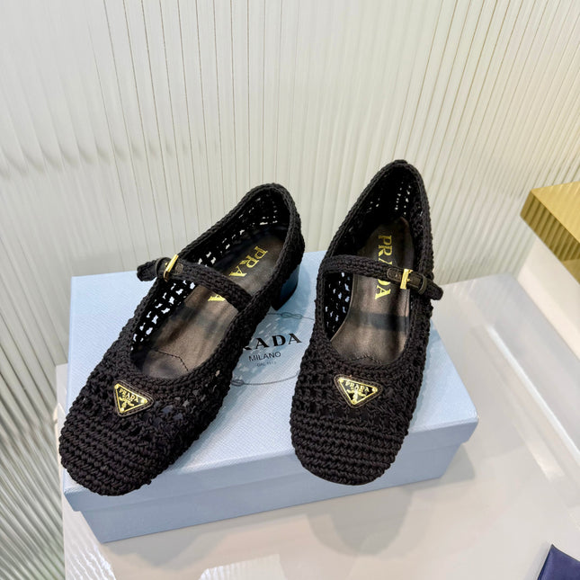 PRADA 26S LOGO PLAQUE CROCHET MARY JANE PUMPS 50MM IN BLACK WOVEN FIBER