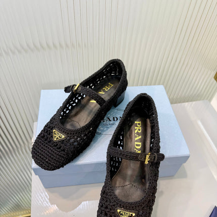 PRADA 26S LOGO PLAQUE CROCHET MARY JANE PUMPS 50MM IN BLACK WOVEN FIBER