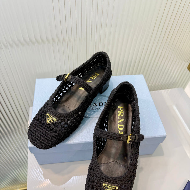 PRADA 26S LOGO PLAQUE CROCHET MARY JANE PUMPS 50MM IN BLACK WOVEN FIBER