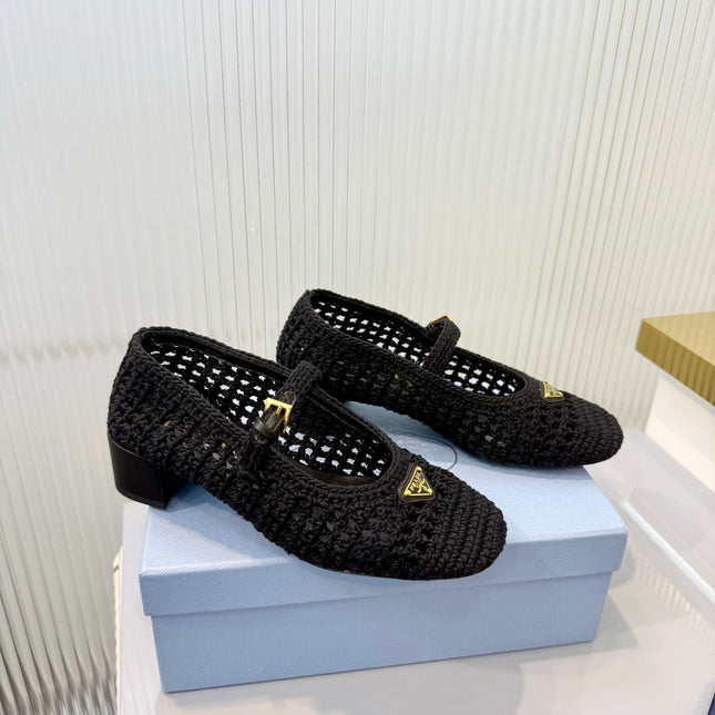 PRADA 26S LOGO PLAQUE CROCHET MARY JANE PUMPS 50MM IN BLACK WOVEN FIBER
