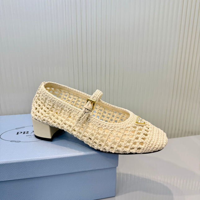 PRADA 26S LOGO PLAQUE CROCHET MARY JANE PUMPS 50MM IN IVORY WHITE WOVEN FIBER