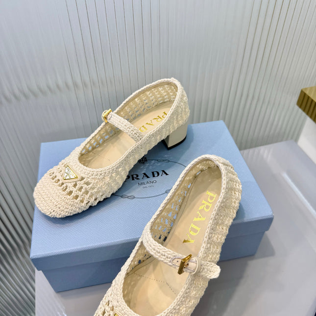 PRADA 26S LOGO PLAQUE CROCHET MARY JANE PUMPS 50MM IN IVORY WHITE WOVEN FIBER