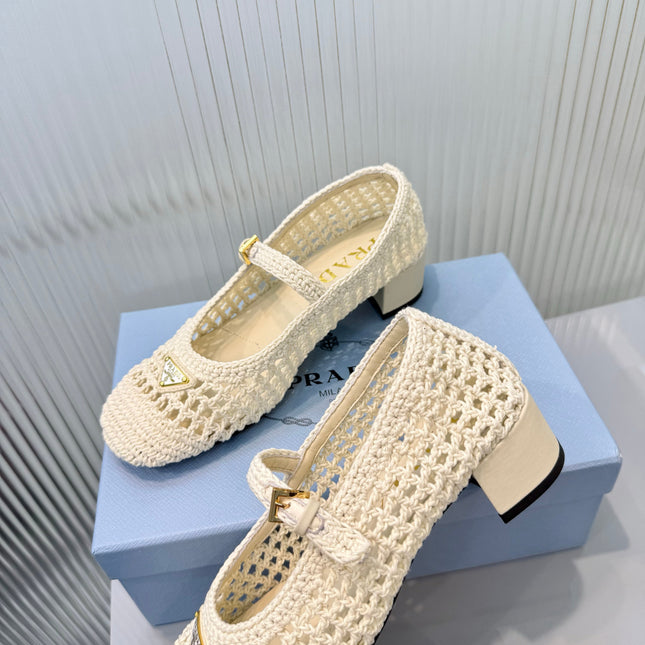 PRADA 26S LOGO PLAQUE CROCHET MARY JANE PUMPS 50MM IN IVORY WHITE WOVEN FIBER