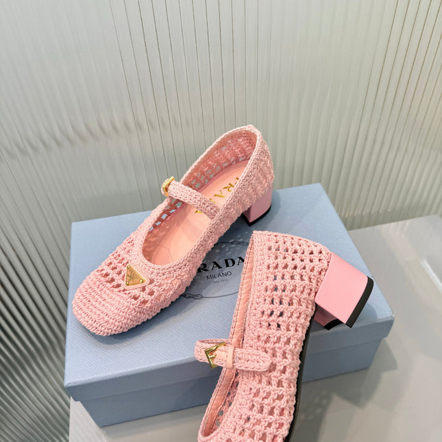 PRADA 26S LOGO PLAQUE CROCHET MARY JANE PUMPS 50MM IN BLUSH PINK WOVEN FIBER
