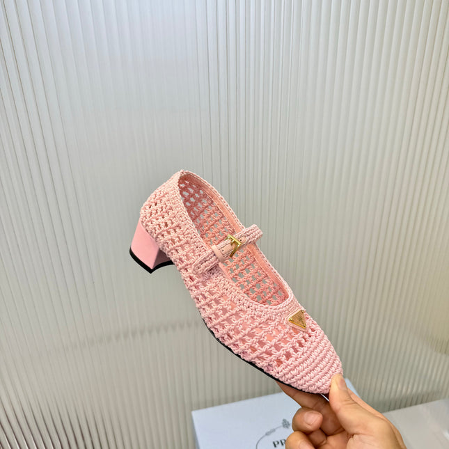 PRADA 26S LOGO PLAQUE CROCHET MARY JANE PUMPS 50MM IN BLUSH PINK WOVEN FIBER
