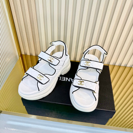 CHANEL 26S PLATFORM VELCRO SANDALS IN WHITE MIX BLACK LAMBSKIN