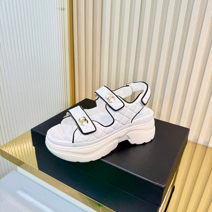 CHANEL 26S PLATFORM VELCRO SANDALS IN WHITE MIX BLACK LAMBSKIN