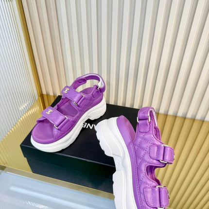 CHANEL 26S PLATFORM VELCRO SANDALS IN PURPLE LAMBSKIN