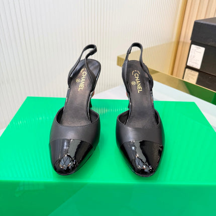 CHANEL 26S SLINGBACK POINTED-TOE HEELS 95 MM IN BLACK LAMBSKIN