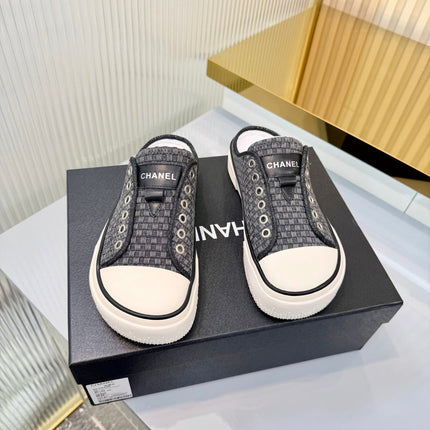 CHANEL 26S MULE SNEAKERS IN BLACK CHECKERED WOVEN DENIM FABRIC