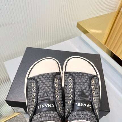 CHANEL 26S MULE SNEAKERS IN BLACK CHECKERED WOVEN DENIM FABRIC