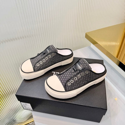 CHANEL 26S MULE SNEAKERS IN BLACK CHECKERED WOVEN DENIM FABRIC