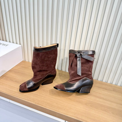 LOEWE 26S MID CALF BOOTS IN DARK BROWN SUEDE AND CALFSKIN