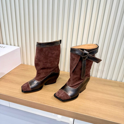LOEWE 26S MID CALF BOOTS IN DARK BROWN SUEDE AND CALFSKIN