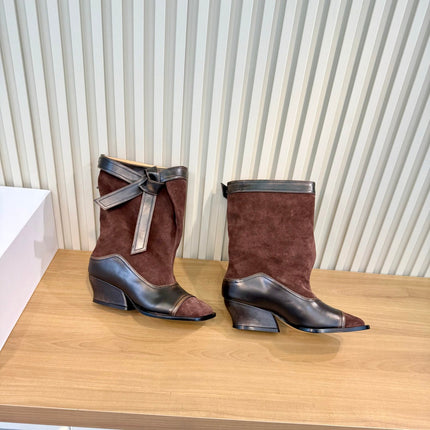 LOEWE 26S MID CALF BOOTS IN DARK BROWN SUEDE AND CALFSKIN