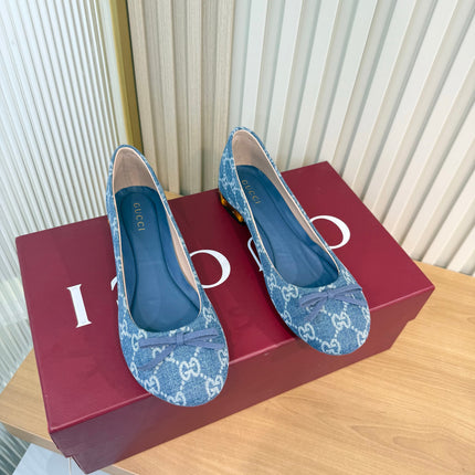 GUCCI 26S BALLET FLATS IN BLUE DENIM WITH GG LOGO PATTERN