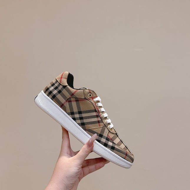 BURBERRY 26S PLAID TERRACE SNEAKERS IN LIGHT BROWN CANVAS