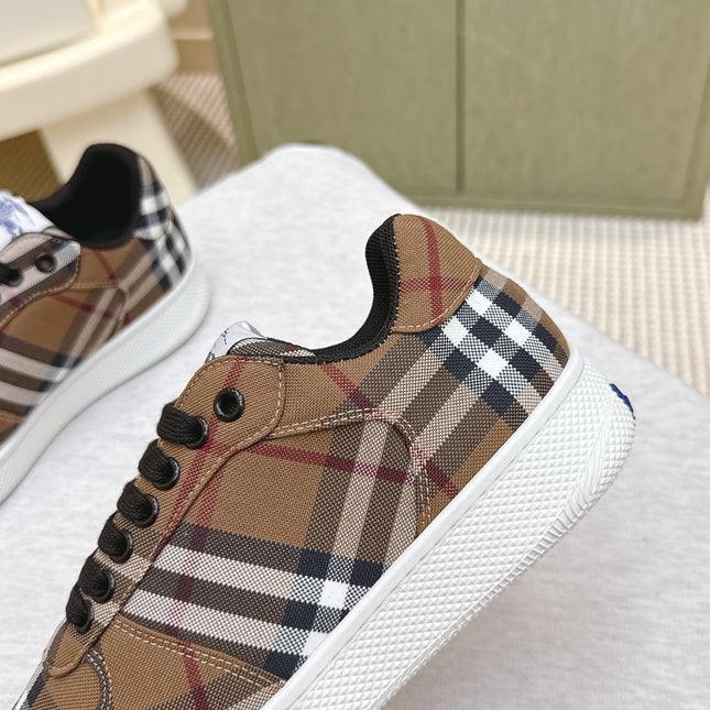BURBERRY 26S PLAID TERRACE SNEAKERS IN BROWN CANVAS