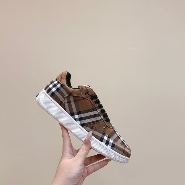 BURBERRY 26S PLAID TERRACE SNEAKERS IN BROWN CANVAS